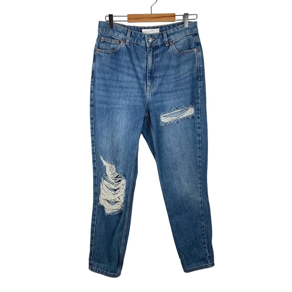 Topshop Straight Leg Mom Jeans Womens 8 High Rise Medium Wash Rigid Distressed